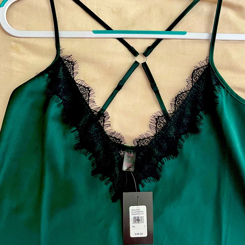 Hunter Green/Black Erina Satin & Lace Babydoll